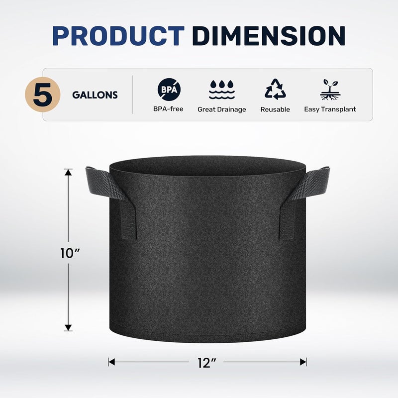 Simple Deluxe أكياس زراعة سعة 5 جالون، عبوة 10 قطع، أصص زراعة مع مقبض، قماش غير منسوج سميك لتهوية التربة، زراعة ثقيلة للخضروات، الأعشاب والزهور، باللون الأسود - Image 2